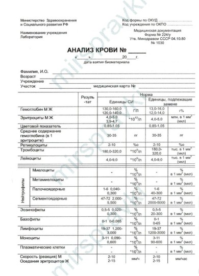 Общий клинический анализ крови форма 224/у